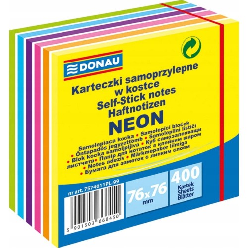 Notes samoprzylepny Donau 76x76mm 400K - 6 kolorów neonowych, 7574011PL-99