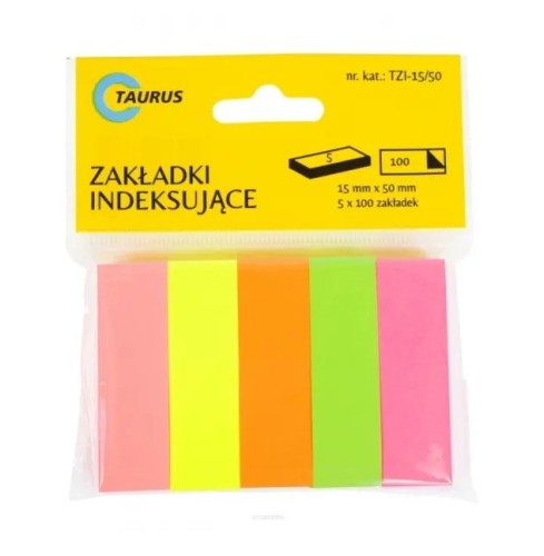 Zakładki Taurus 15 × 50 mm – 500 szt., 5 neonowych kolorów po 100 szt.
