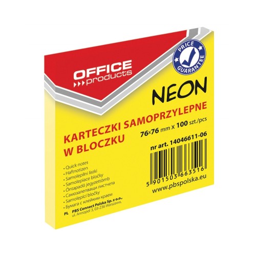 Notes OFFICE PRODUCTS 76 × 76 mm – 100 kartek, żółty neon, 14046611-06